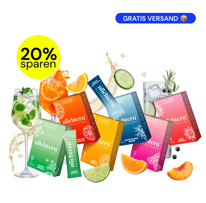 nüchtern Allrounder Paket Alkoholfrei – 60 Drinks (Wacholder Basis, Italian, Hugo, Yuzu, Pink und Sun Spritz)