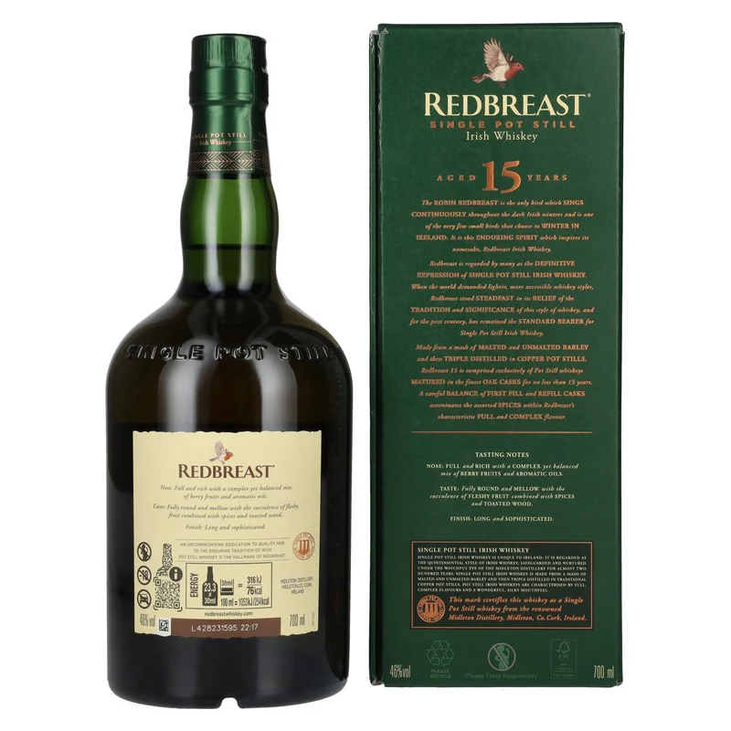 Redbreast 15 Years Old Single Pot Still Irish Whiskey 46% Vol. 0,7l in Geschenkbox