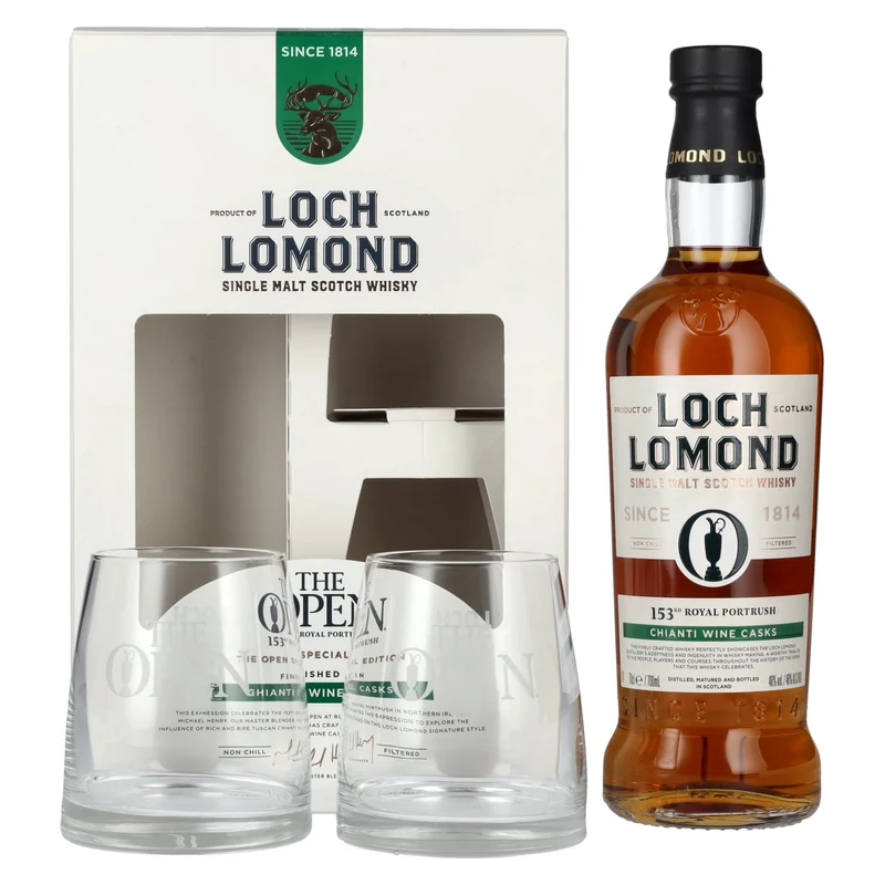 Loch Lomond THE OPEN SPECIAL EDITION 153th Royal Portrush Chianti Wine 2025 46% Vol. 0,7l in Geschenkbox mit 2 Gläsern