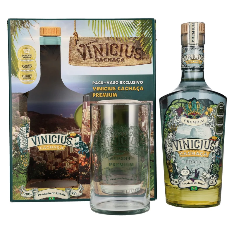 VINICIUS Premium Cachaca Prata 42% Vol. 0,7l in Geschenkbox mit Glas