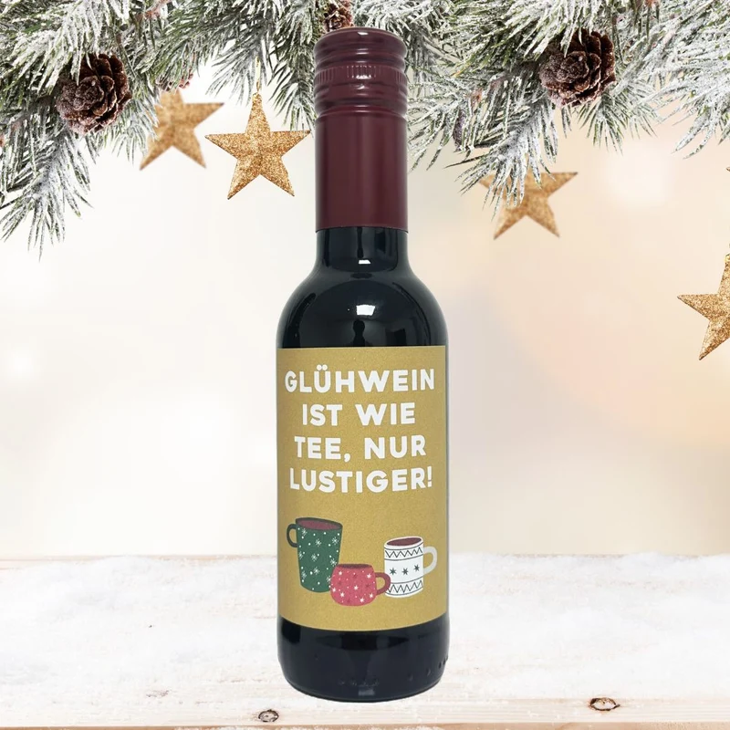 Glühwein mit 4 Sprüchen | kleine Flasche Glühwein mit Motiv | 12%