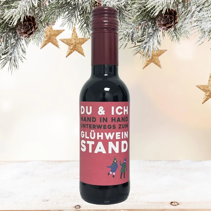 Glühwein mit 4 Sprüchen | kleine Flasche Glühwein mit Motiv | 12%