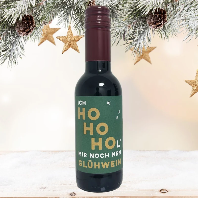 Glühwein mit 4 Sprüchen | kleine Flasche Glühwein mit Motiv | 12%