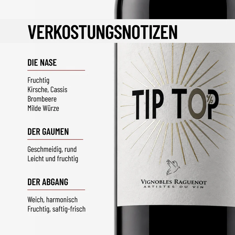 TIP TOP ROUGE: Merlot & Cabernet, die typische Cuvée ohne Alkohol.