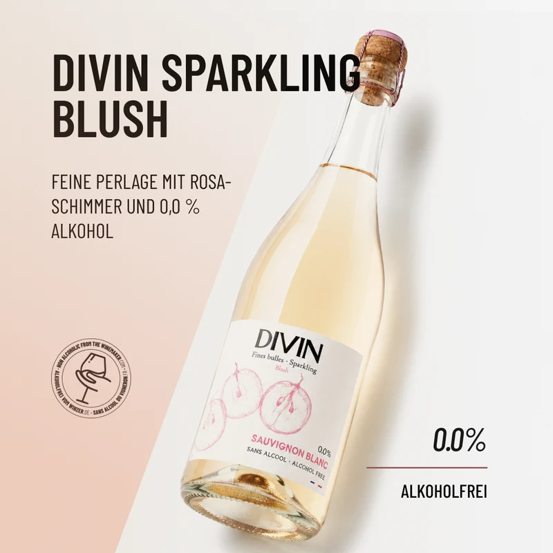 DIVIN SPARKLING BLUSH: feine Perlage mit Rosa-Schimmer und 0,0 % Alkohol