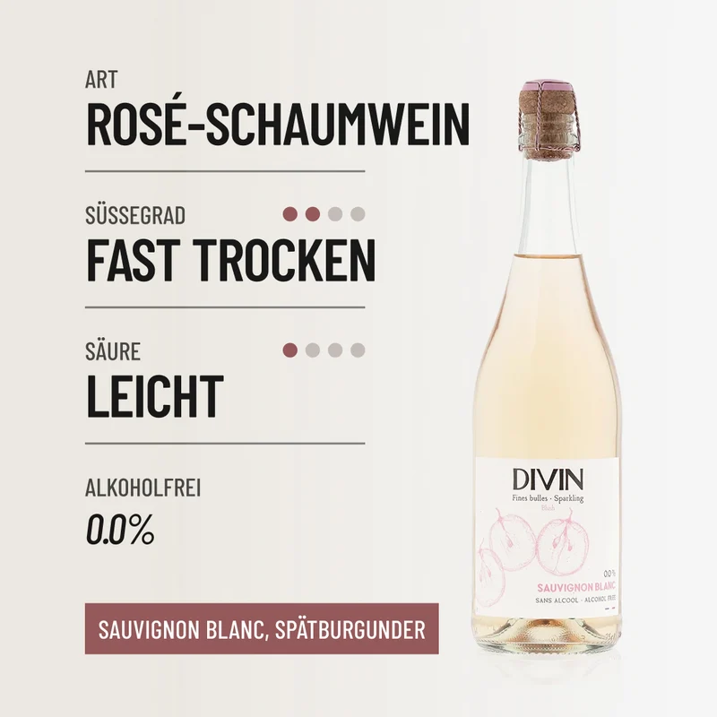 DIVIN SPARKLING BLUSH: feine Perlage mit Rosa-Schimmer und 0,0 % Alkohol