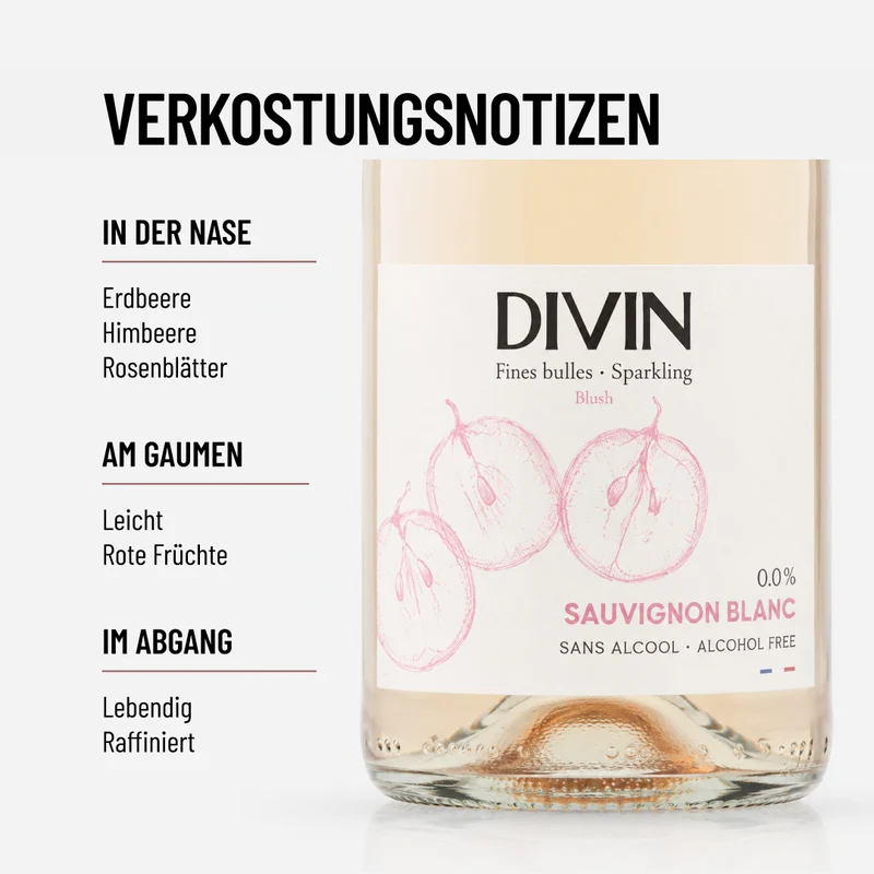 DIVIN SPARKLING BLUSH: feine Perlage mit Rosa-Schimmer und 0,0 % Alkohol