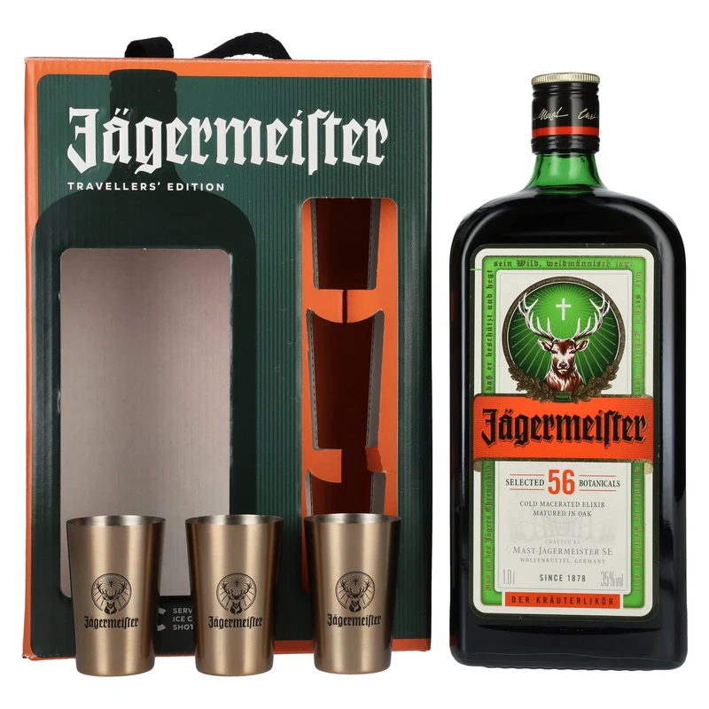 Jägermeister TRAVELLERS' EXCLUSIVE 35% Vol. 1l in Geschenkbox mit 3 Metal Shot Cups