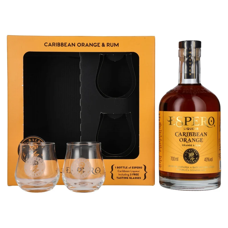 Ron Espero Caribbean Orange & Rum Liqueur 40% Vol. 0,7l in Geschenkbox mit 2 Gläser