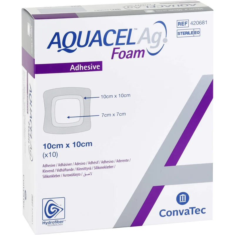 AQUACEL Ag Foam adhäsiv 10x10cm, 10 St VER