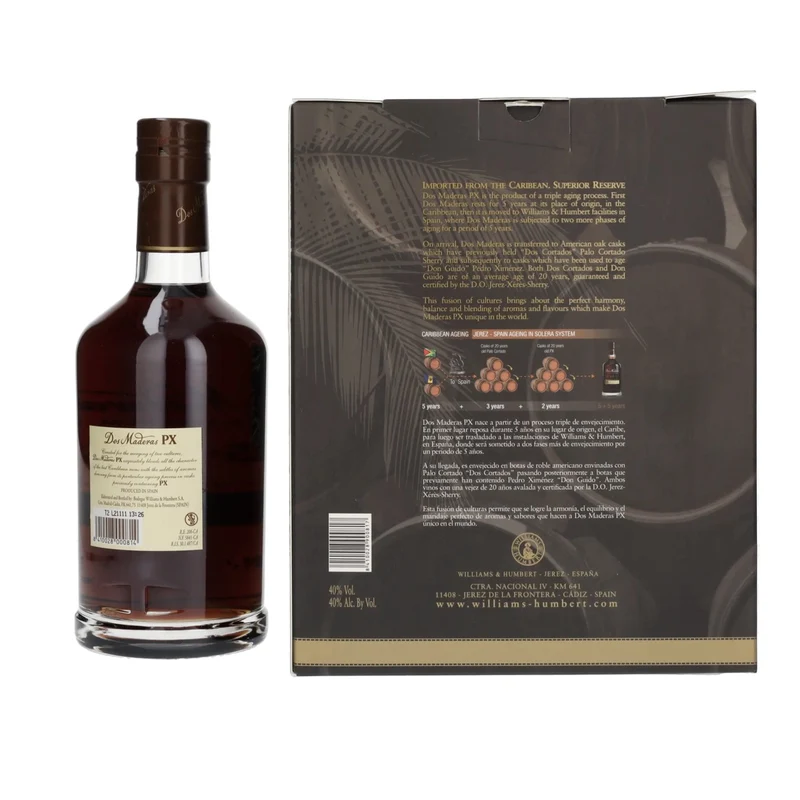Dos Maderas PX 5+5 Years Old Triple Aged Spirit Drink 40% Vol. 0,7l in Geschenkbox mit 2 Gläsern