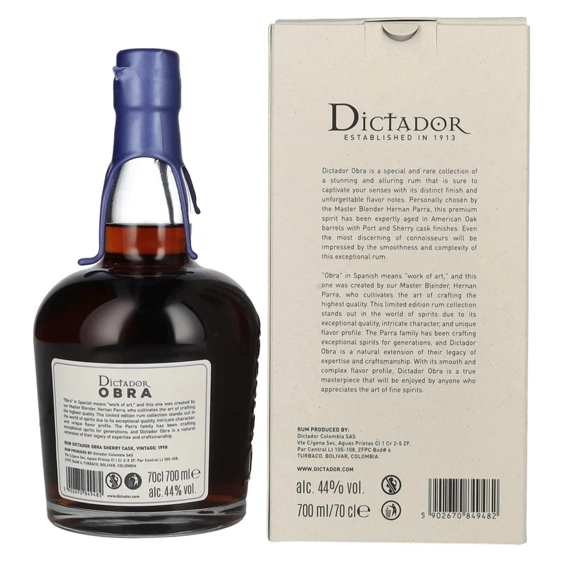 Dictador OBRA VINTAGE 25 Years Old SHERRY CASK Rum 1998 44% Vol. 0,7l in Geschenkbox