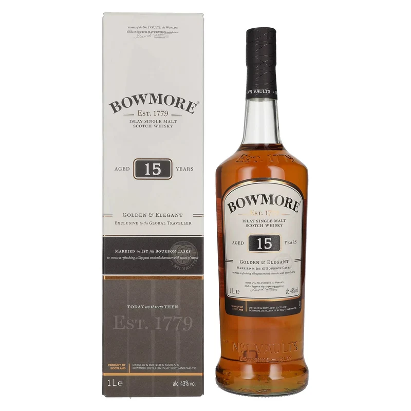 Bowmore 15 Years Old GOLDEN & ELEGANT Travel Exclusive 43% Vol. 1l in Geschenkbox