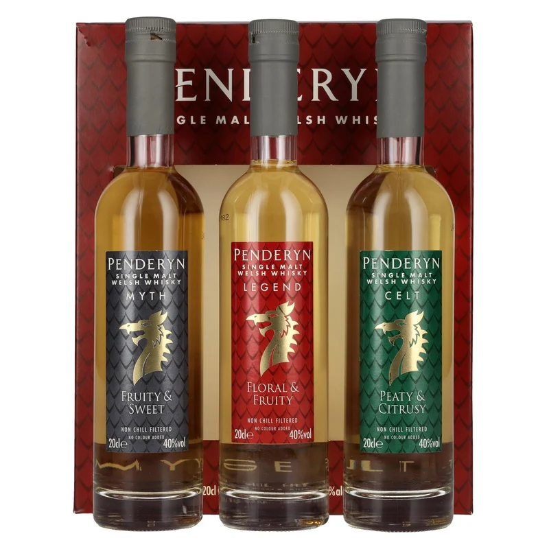 Penderyn MYTH, LEGEND, CELT Single Malt Welsh Whisky 40% Vol. 3x0,2l in Geschenkbox