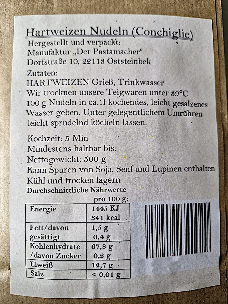 Hartweizen Conchiglie Nudeln 500g
