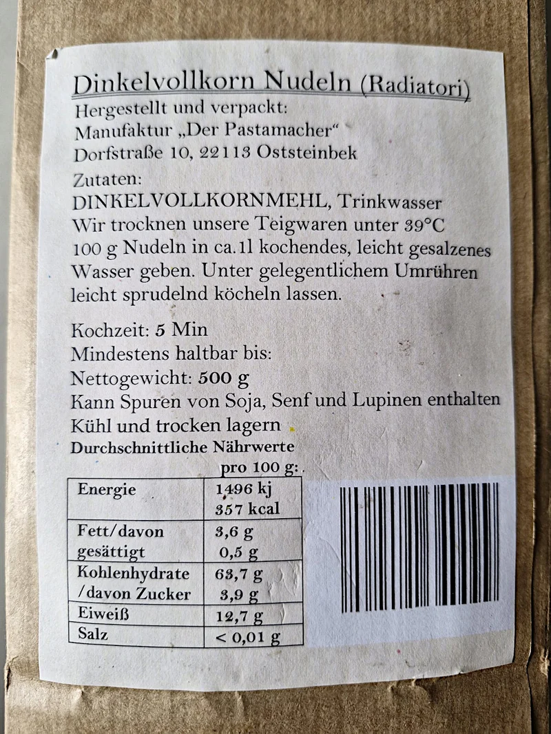 4x Dinkelvollkorn Radiatori Nudeln 500g