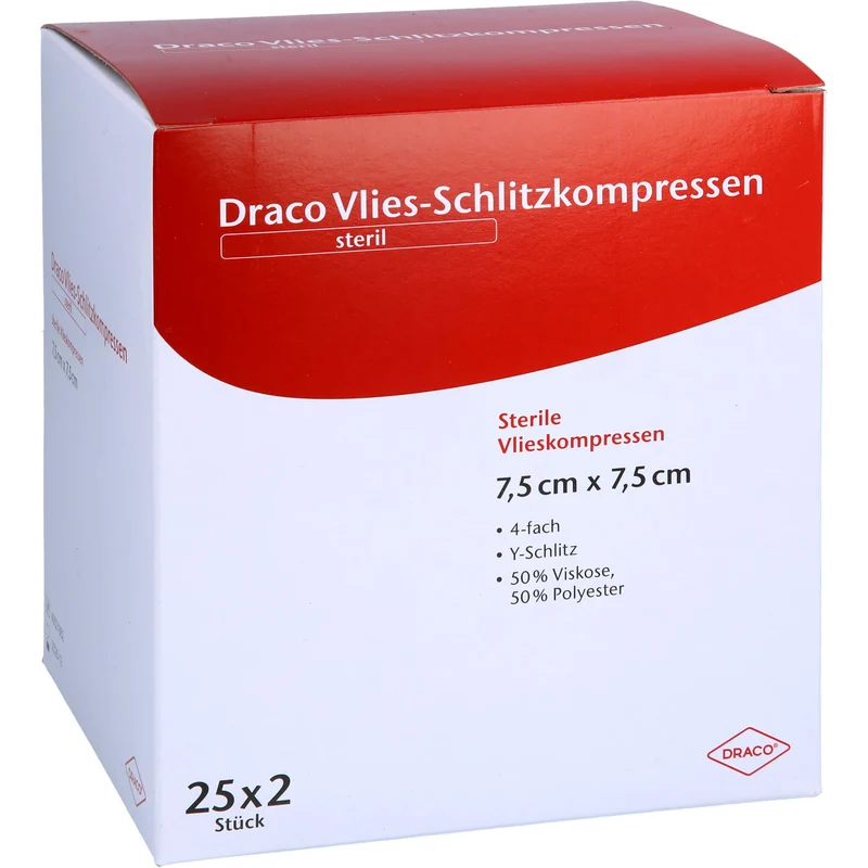 SCHLITZKOMPRESSE Vlies 7,5x7,5cm 4fach steril Ausb, 25X2 St KOM