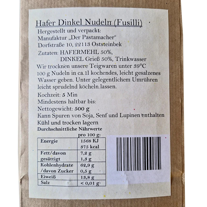 Hafer Dinkel Nudeln Fusilli 500g