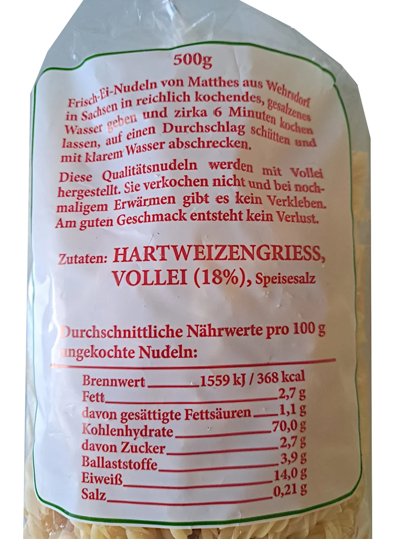 Frischei Nudeln Hartweizen Spirelli 500g