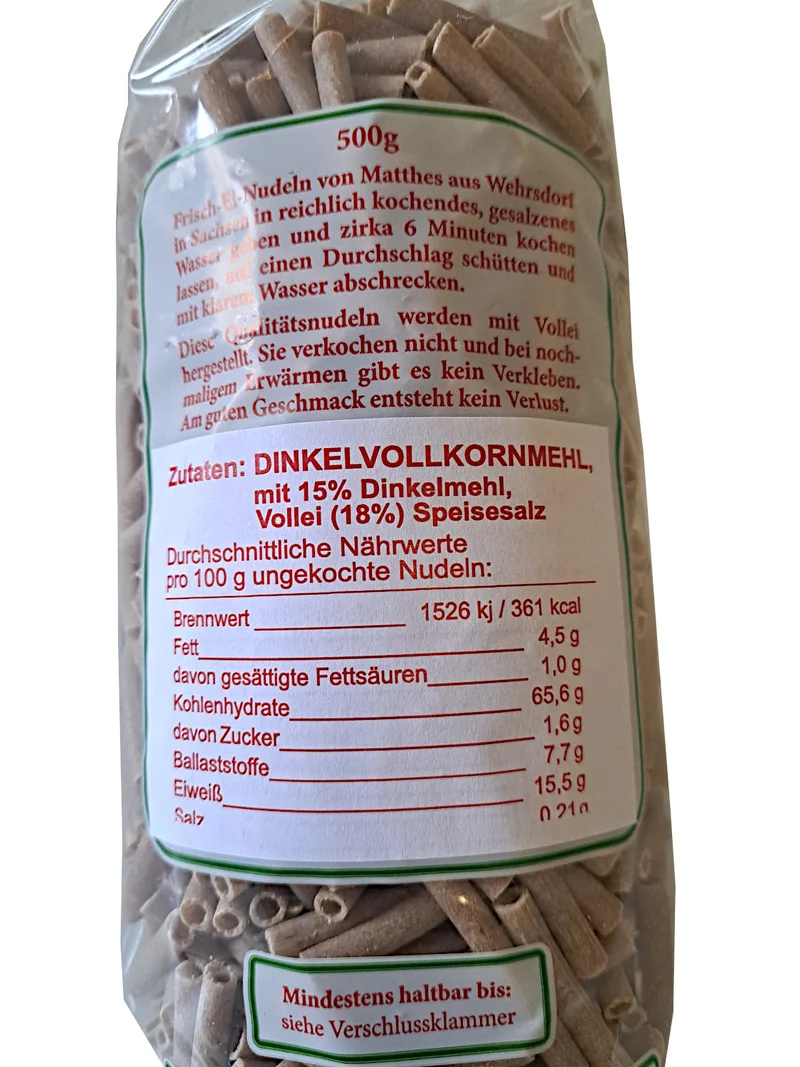 Frischei Nudeln Dinkelvollkorn Makkaroni 500g