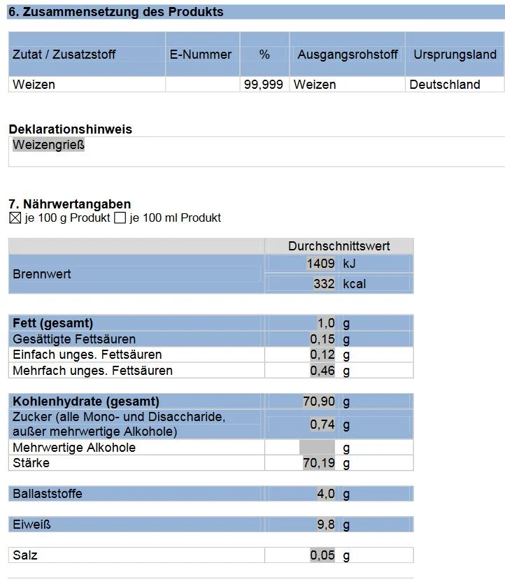 Weizengrieß mittel 25 kg