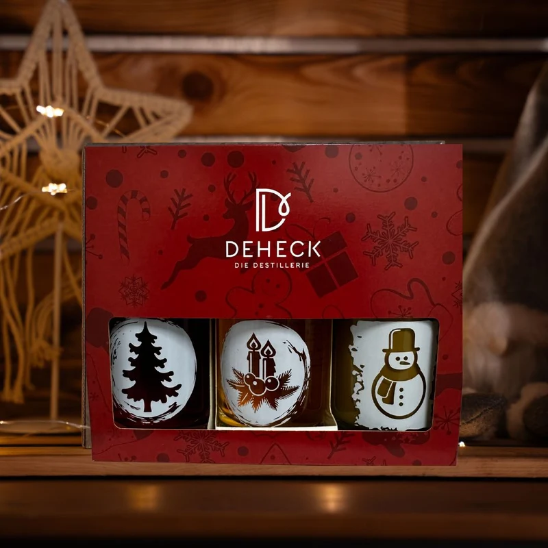 rotes Geschenk Set Liköre für Weihnachten | 3 XMAS Design-Flaschen Bratapfel, Spekulatius & Pfaume-Zimt