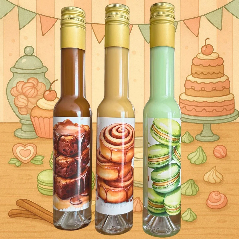 Back-Likör Set - Kuchen Likör Trio mit Pistazie Macarons, Zimtschnecke & Brownie Sahnelikör