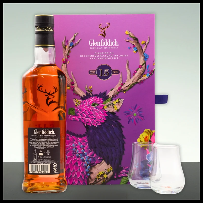 Glenfiddich 15 YO Single Malt Whisky Geschenkbox mit 2 Gläsern 0,7L - 40% Vol.