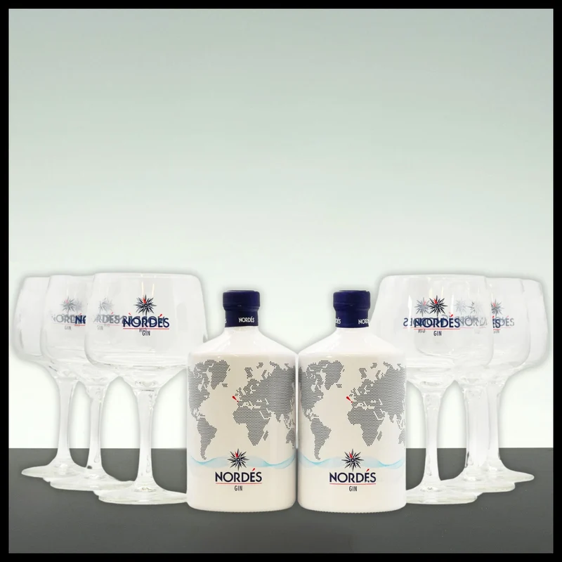 Nordés Atlantic Galician Gin Geschenkset 2x 0,7L mit 6 Gläsern - 40% Vol.