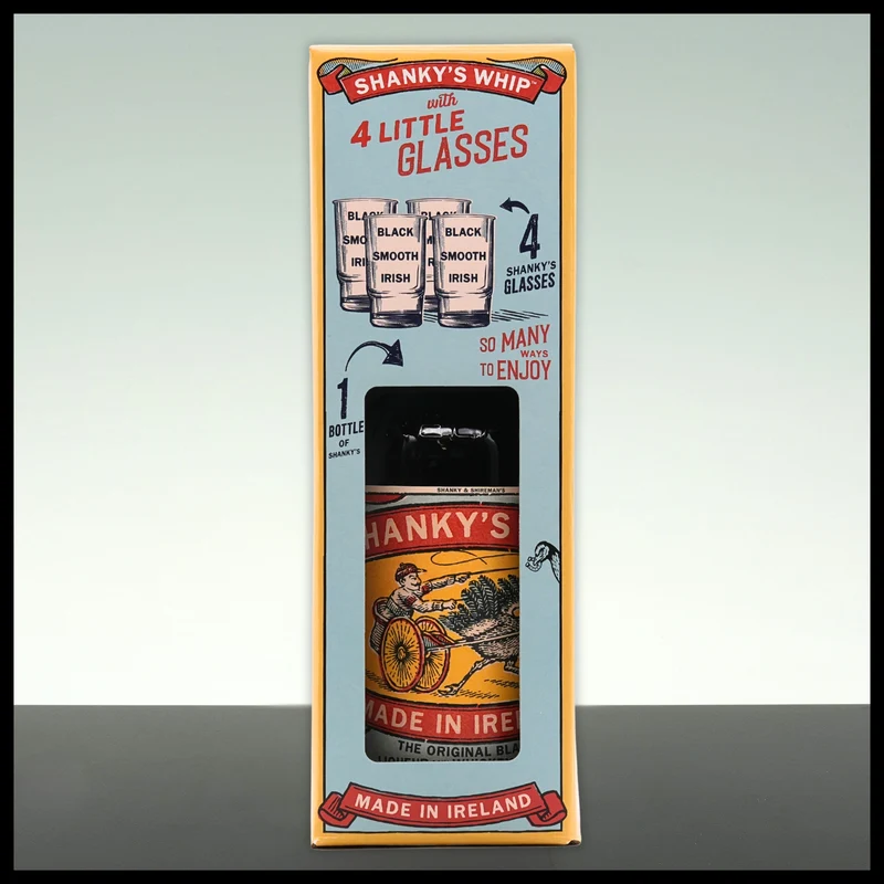 Shanky's Whip Original Black Irish Whiskey Likör mit 4 Shotgläsern 0,7L - 33% Vol.