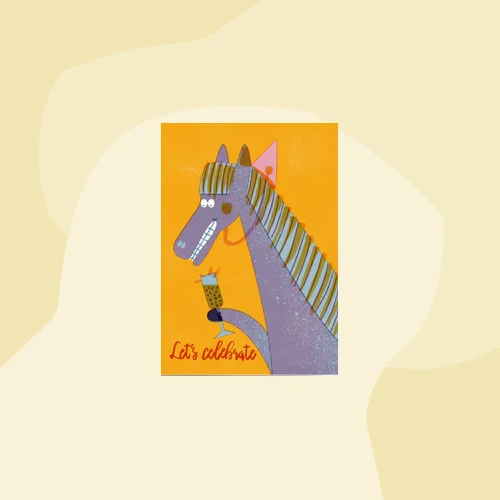 Postkarte: Pferd mit Champagner